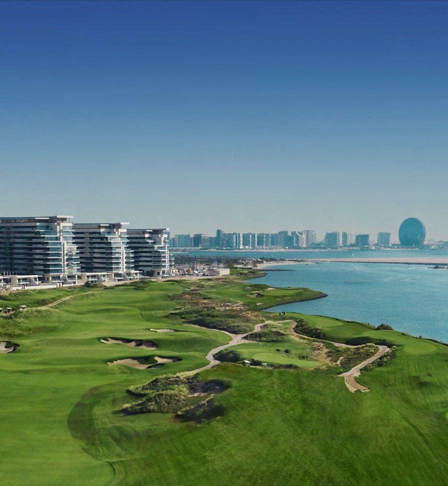 Exterior view of Mayan Yas Island apartments featuring beachfront location, golf course surroundings, and contemporary design